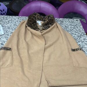 Women's Tan Poncho with Faux Fur Accents